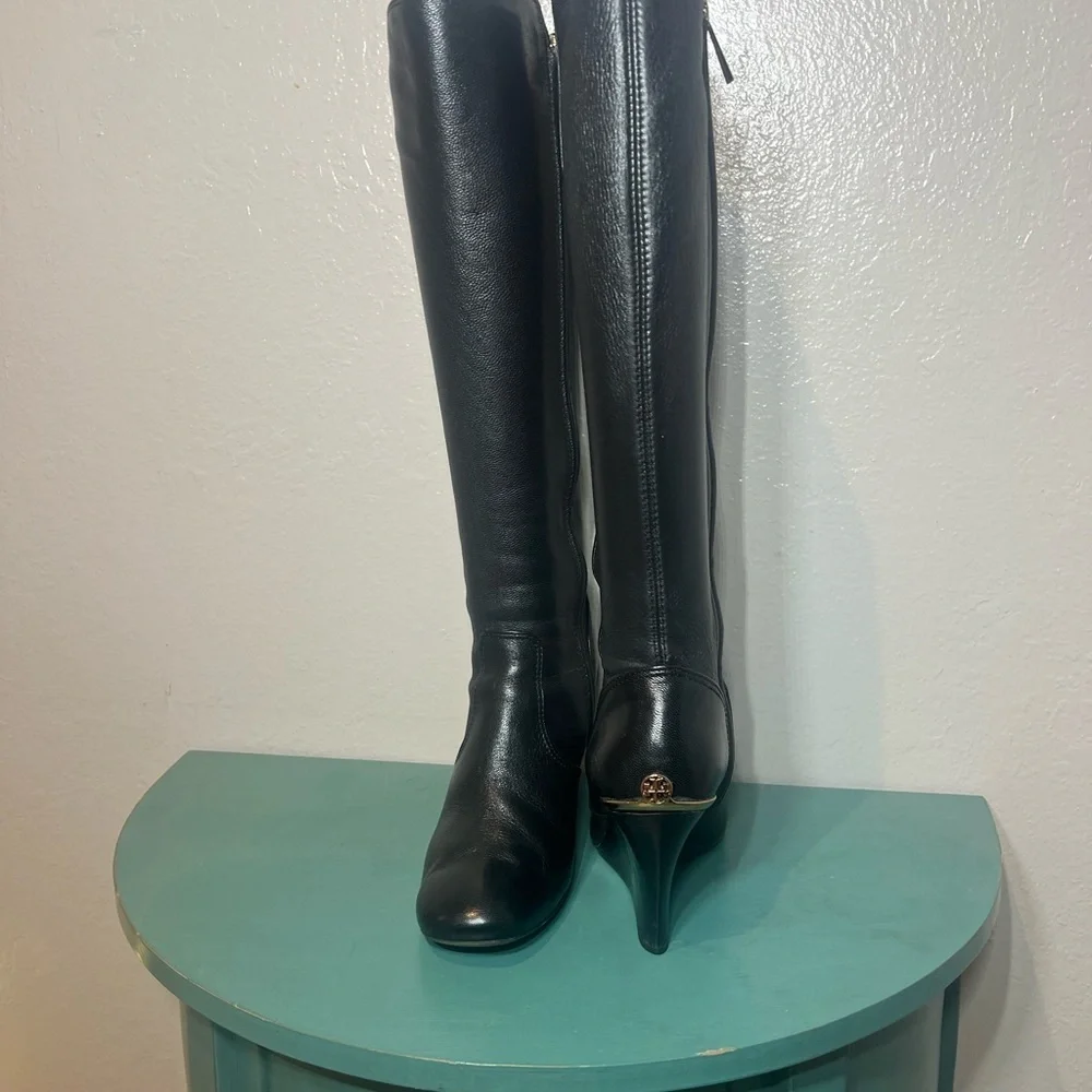 Tory Burch Black Over the Knee Boots with Gold Detail